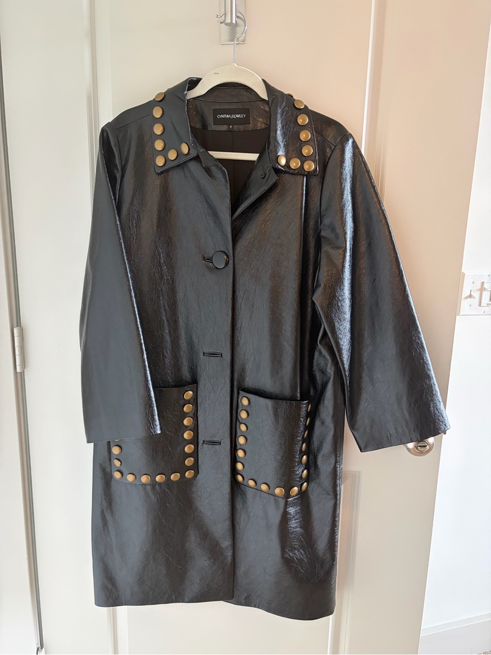 Cynthia Rowley Black Faux Leather Coat with Gold Stud Accents